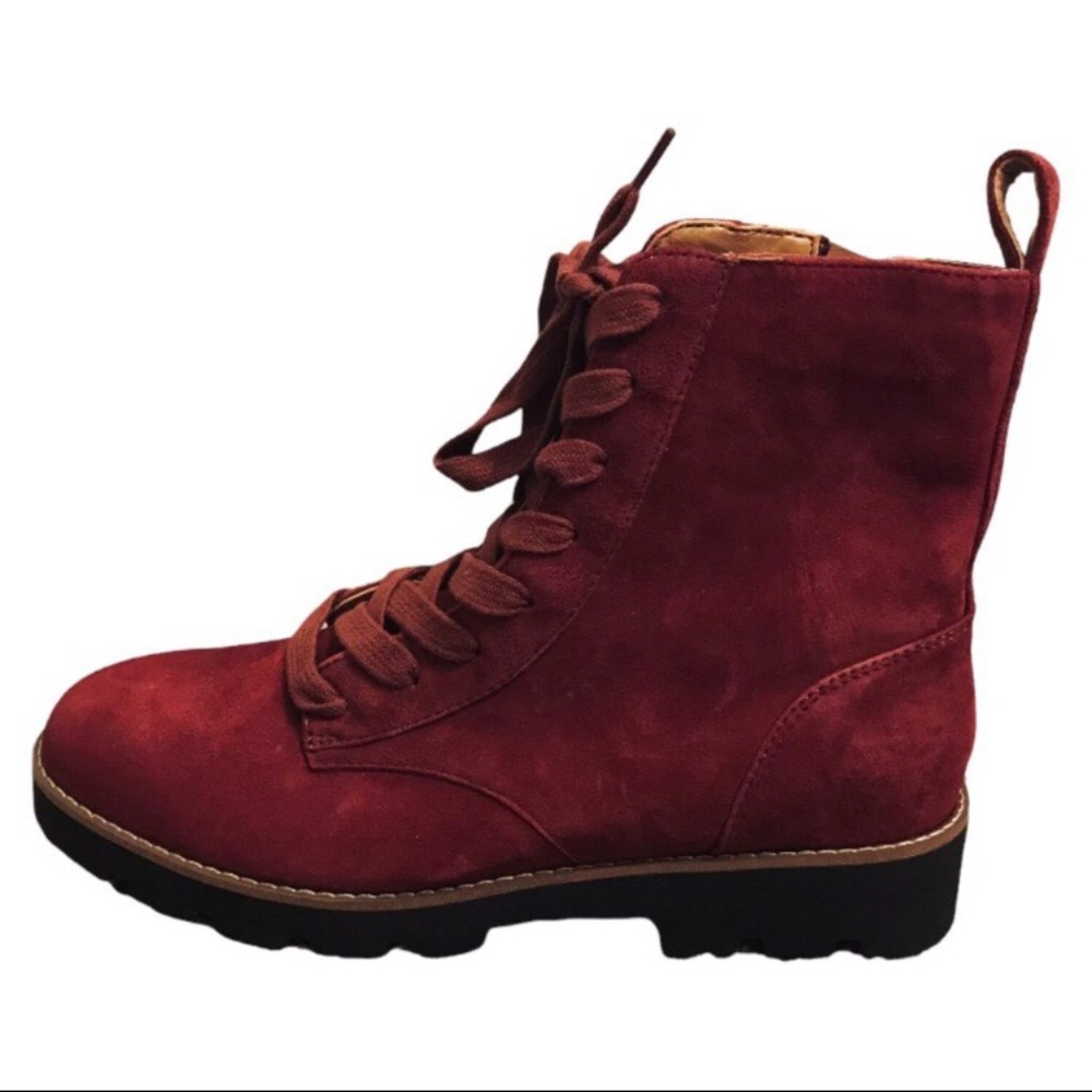 Vionic Burgundy Charm Lani Lace Up Ankle Bootie Mid Calf Suede Boots Size 6.5